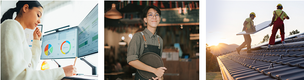 Woman working on a computer, server working in cafe, and construction worker..