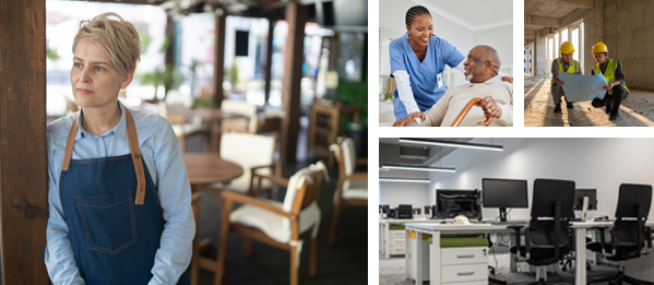 A female restaurant worker standing outside of an empty restaurant, a female healthcare worker working with an older gentlemen, two construction workers reviewing plans on the worksite, and an empty tech office.