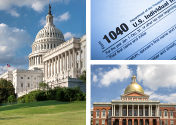 U.S. Capitol Building, Massachusetts State House Building, and 1040 Tax Form