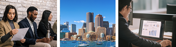 People waiting for a job interview, Boston city skyline, and a person analyzing data.