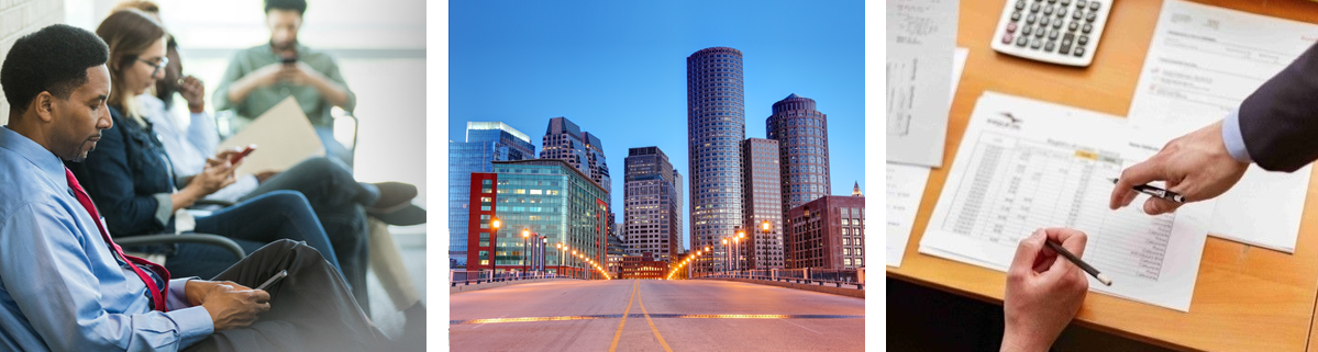 People waiting for a job interview, Boston city skyline, and professionals reviewing payroll.