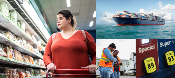 A woman shopping, two delivery workers having a conversation, and a cargo ship at sea.