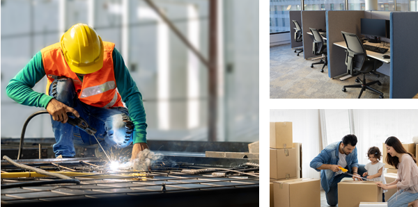 Construction worker welding, empty tech office, and small family with a toddler packing boxes for a move.